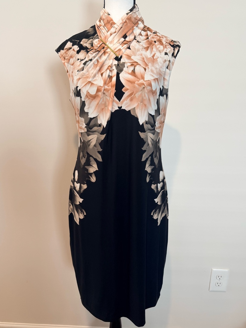 Calvin Klein Black Floral Mandarin Collar Sleeveless Dress